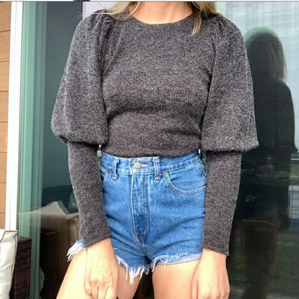 * Zara Charcoal Grey Ribbed Puff Sleeve Top Size S